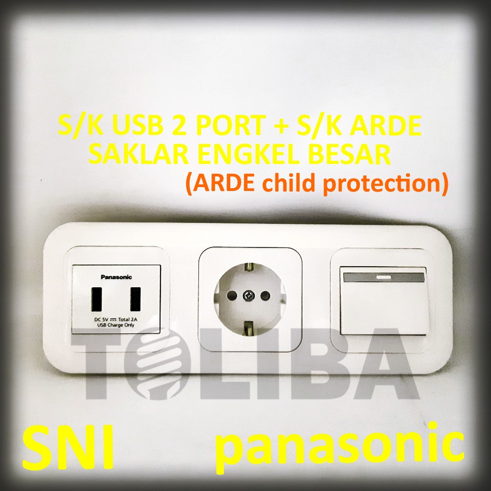 stop kontak usb charge hp 2 port + stopkontak arde cp+saklar engkel besar panasonic sni dalam tembok