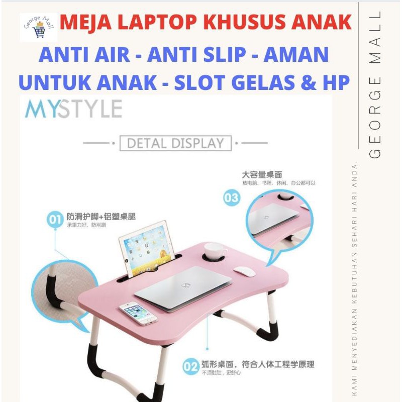 MEJA BELAJAR ANAK MEJA LAPTOP ANAK MEJA LIPAT PORTABEL MULTIFUNGSI ANTI AIR SLOT HP TABLET DAN GELAS