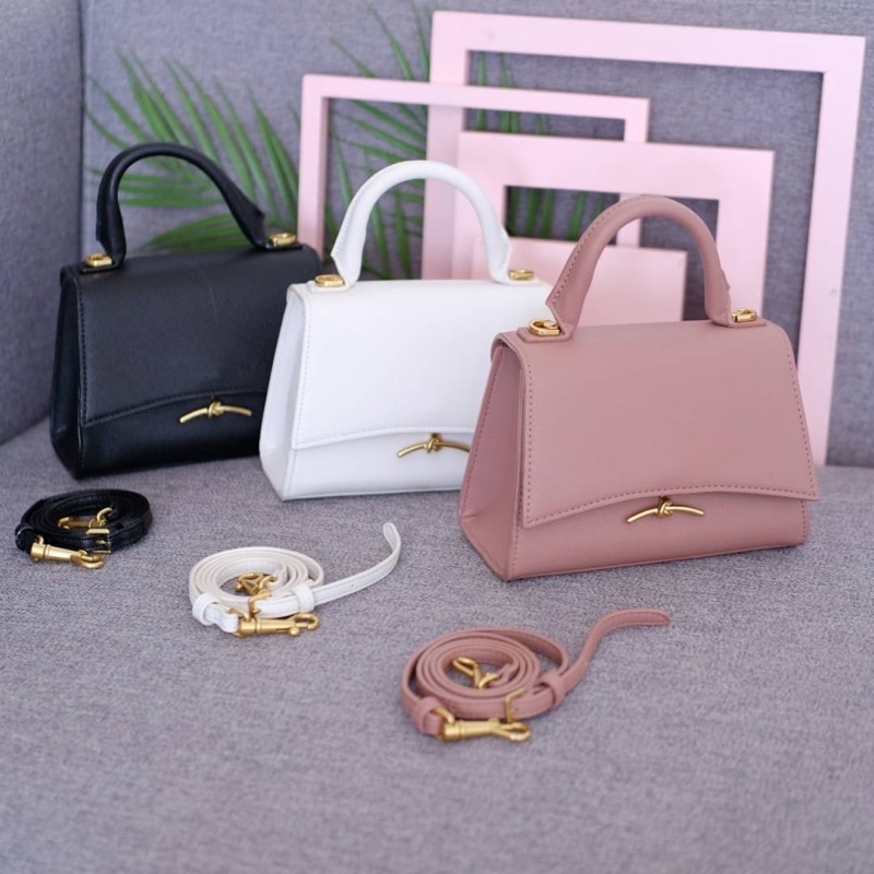 Tas Kulit Selempang Wanita CK Leather Top Handle Slingbag Premium Import Hitam Black Putih White Cok