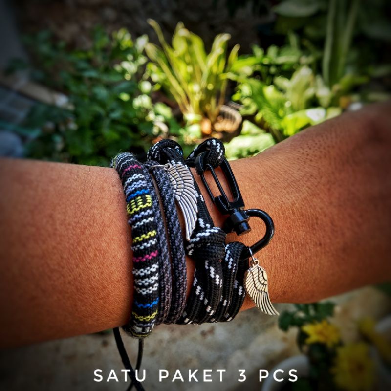 Gelang Pria Keren Hitam Paket Set Paracord Etnik Carabiner Cowok Laki Gantungan Charm Liontin Pendant Sayap Premium Murah