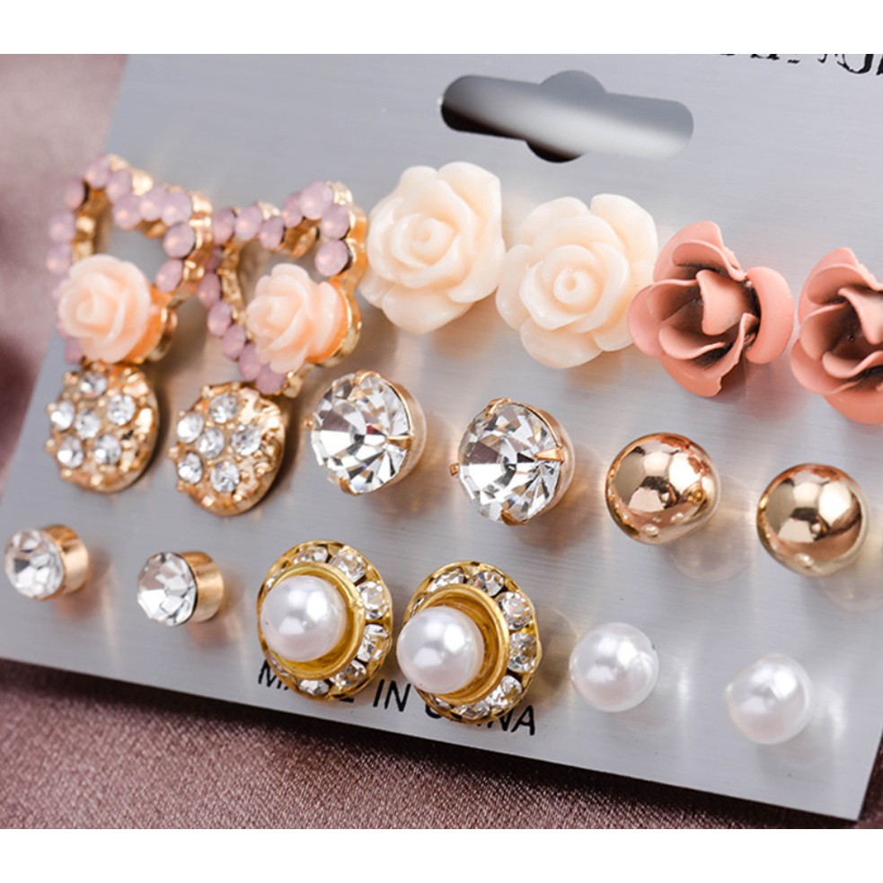 9 Pasang Set Anting Tusuk Wanita Mutiara Bunga Hati Stud Aksesoris Fashion Wanita womens Earring