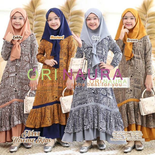 500a Viscose Kids Original Naura / Orinaura Gamis + Khimar Longdress Maxi Material Katun Rayon