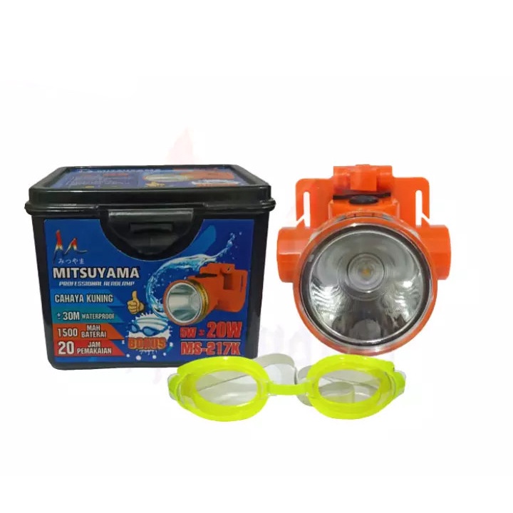 Promo Terbaru!!! Senter Kepala Mitsuyama MS-217p 20Watt High Power Headlamp Rechargeable Water Resistant 30 Meter Bonus Kacamata Selam