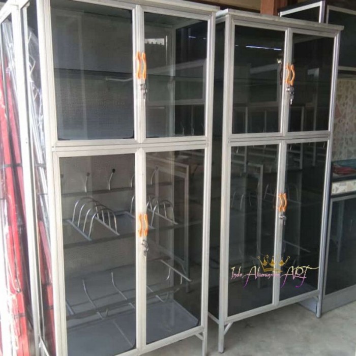 Rak Piring / Rak Dapur Full Kaca Pintu 4 Alumunium Kaca Anti Karat