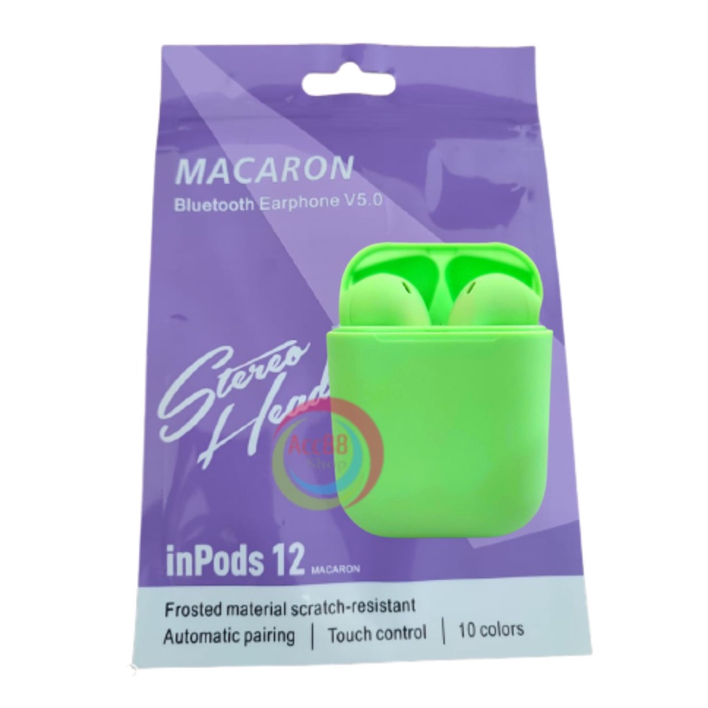 I12 Macaron TWS Headset Earphone Bluetooth Wireless Extra Bass Up to BT 5.0-Candy pack Hijau