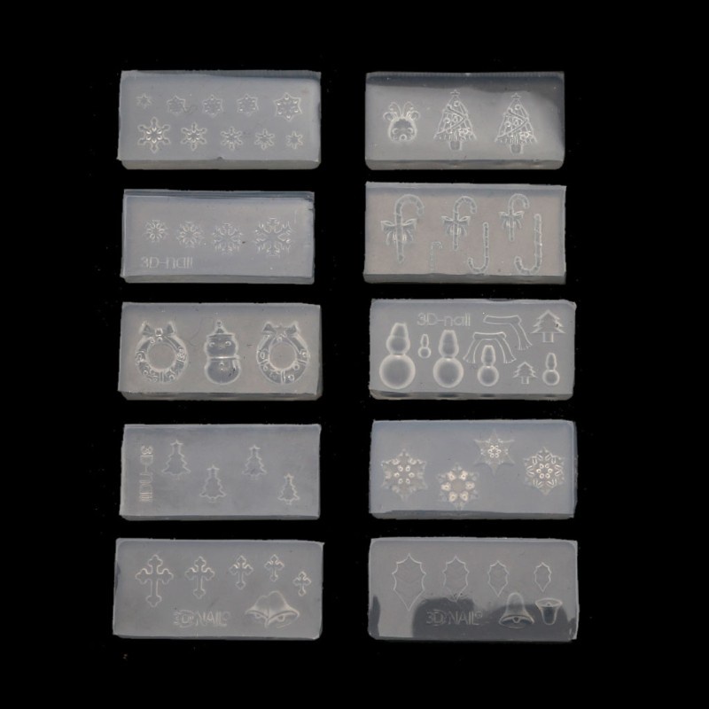 Glitter 10Pcs Christmas Theme Snowflake Snowman Nail Art Silicone Mold Kit Craft Tools