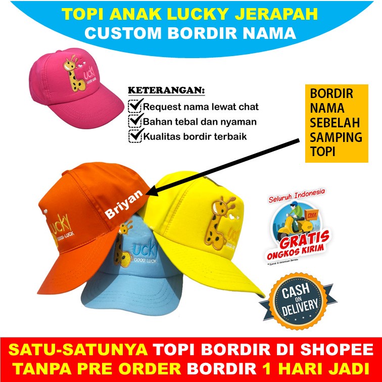 TOPI ANAK Good LUCKY JERAPAH GOODLUCK Free Bordir Nama Anak Umur 2-10 Tahun