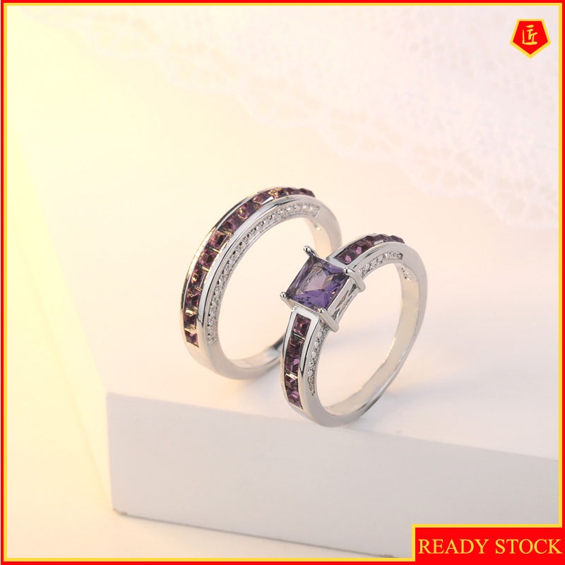 [Ready Stock]Inlaid Natural Amethyst Square Diamond Ring Set Female Fashion Noble