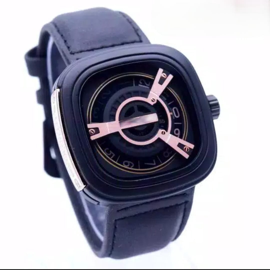 Jam Tangan Pria Kasual Sports Kotak M2 Strap Kulit Case Rose