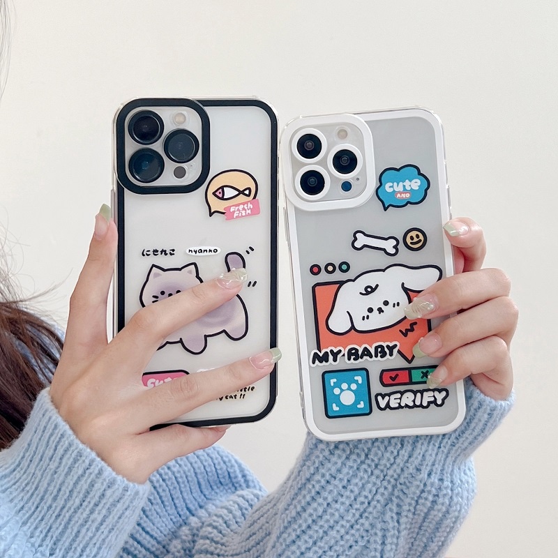 Soft case Pelindung Lensa Tahan Jatuh Motif Kartun Anjing Kucing Untuk iPhone 13 12 11 Pro MAX X XR XS MAX 7 8 Plus