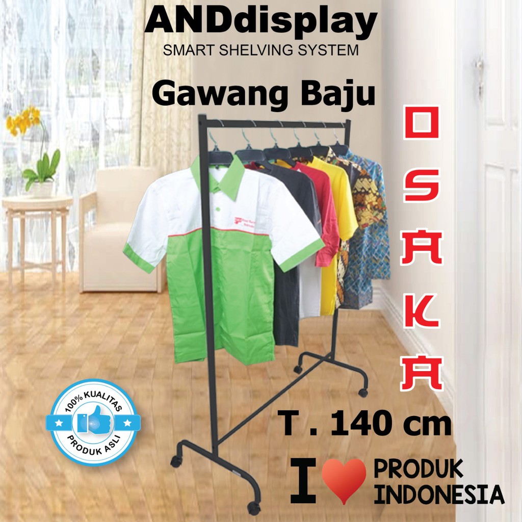 GAWANG BAJU OSAKA T 140 CM BERODA HITAM RAK GANTUNGAN JEMURAN