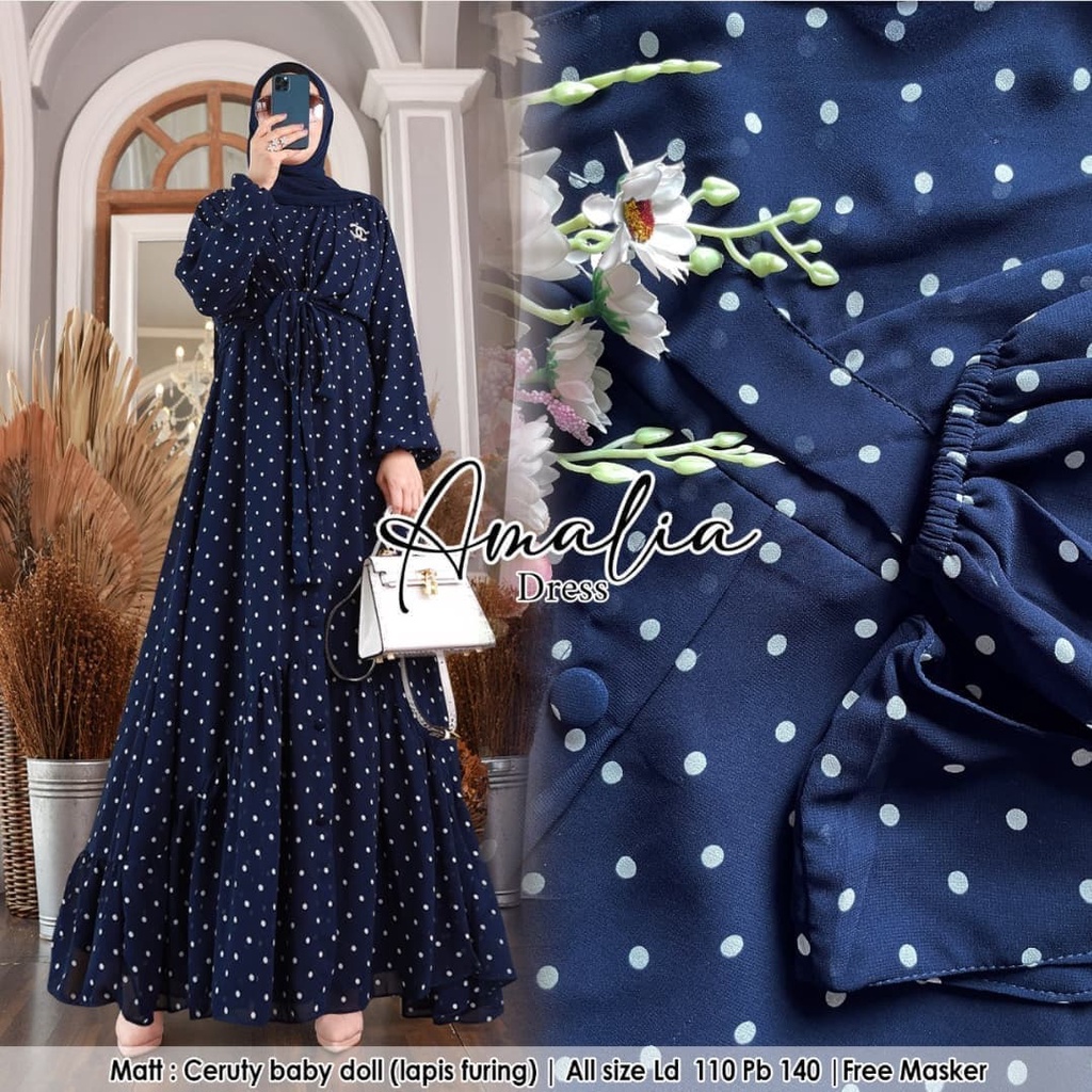 AMALIA DRESS BL CERUTY BABYDOLL FULL PURING LD 110 CM PB 138 CM Motif Polkadot Perempuan Gamis Wanita Terbaru Murah Gaun Dress Kondangan Simple BEST SELLER 2022