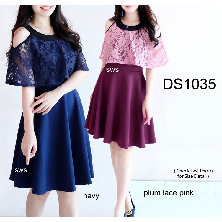 DS1035 - DRESS PESTA BRUKAT LACE SCUBA DRESS FLARE WANITA IMPORT MURAH NATAL