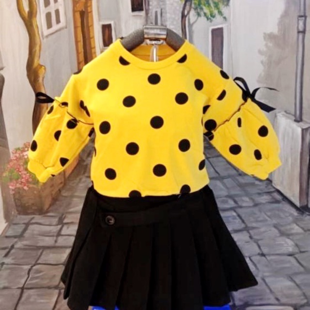 Baju Blus Polkadot Anak Perempuan Cewe Import Kuning - Celana Rok Anak Perempuan Import Hitam