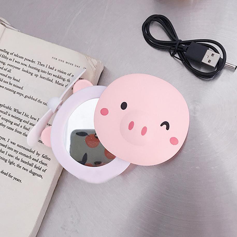 [COD] MIAO Kipas Angin Mini Portable 3in1 Cermin Rias Mini + Kipas + Lampu USB dengan Karakter Lucu l Biru &amp; Pink