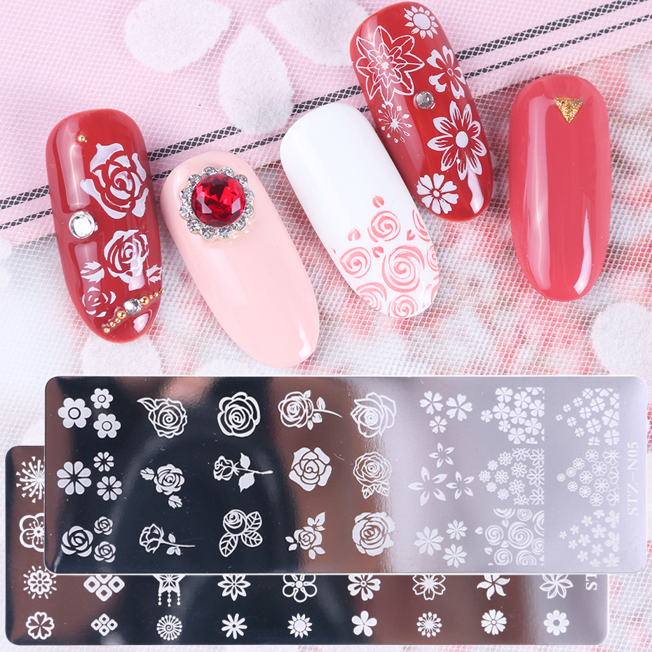 1 Set Nail Stamping Plate Motif Geometri Bunga Dan Daun Dengan Sponge Brush Bahan Silikon Untuk Nail Art