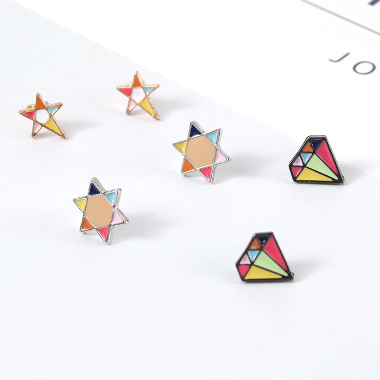 Kecil lucu kartun pola berlian anting-anting warna-warni heksagram stud anting-anting Pentagram anti