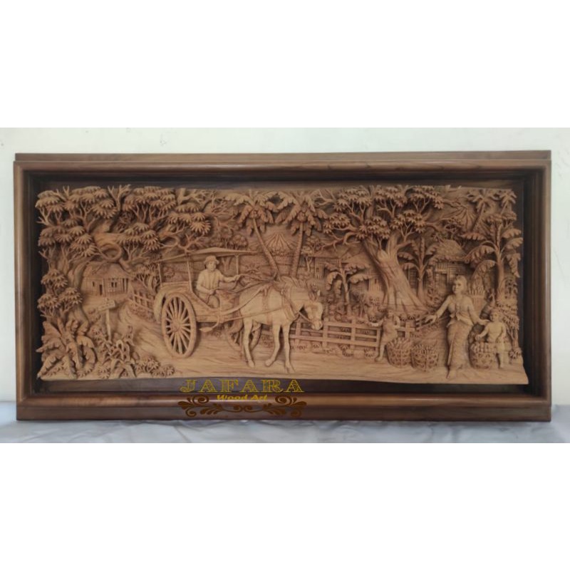 Hiasan/Pajangan Dinding Relief Kayu Jati Tema Pemandangan Desa Zaman Dulu Objek Delman/Kereta Kuda