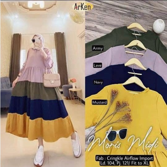 Gamis Moris Midi - Gamis Terbaru Rayon Premium Dress Wanita Pelangi Lengan Karet Maxi Dress Kekinian LD 110 cm