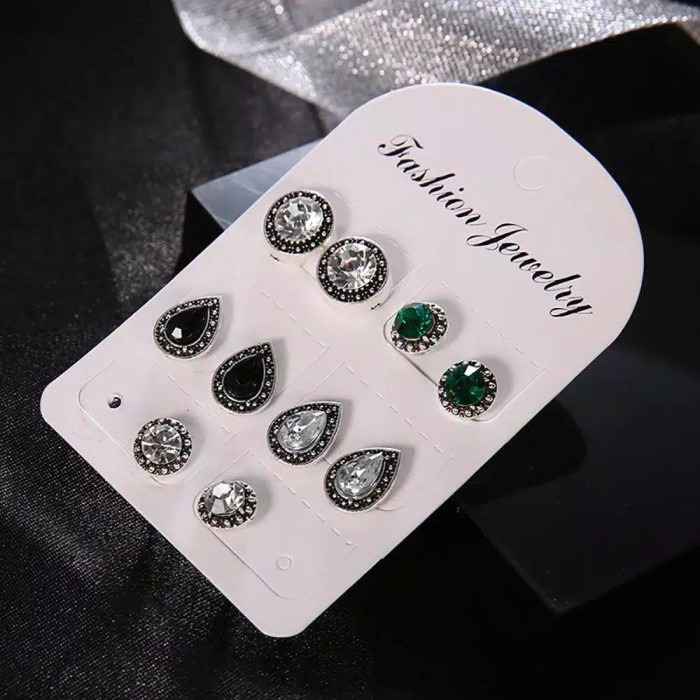 Anting Wanita Cantik Model Water Drop Kristal 1 Set isi 5 pasang