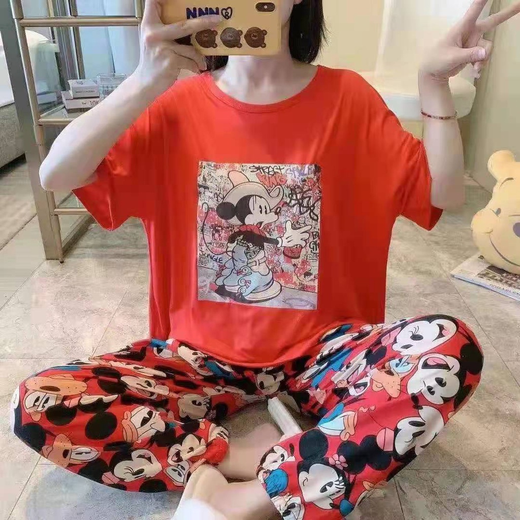 Piyama CP wanita baju tidur import jumbo/bigsize-CP MICKY COWBOY RED