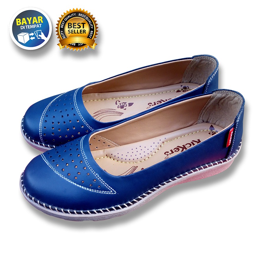 PROMO 4.4 MEGA SALE !! SEPATU WANITA DEWASA BALET KULIT SAPI ASLI NAVY ANTI LICIN / SAKIPO