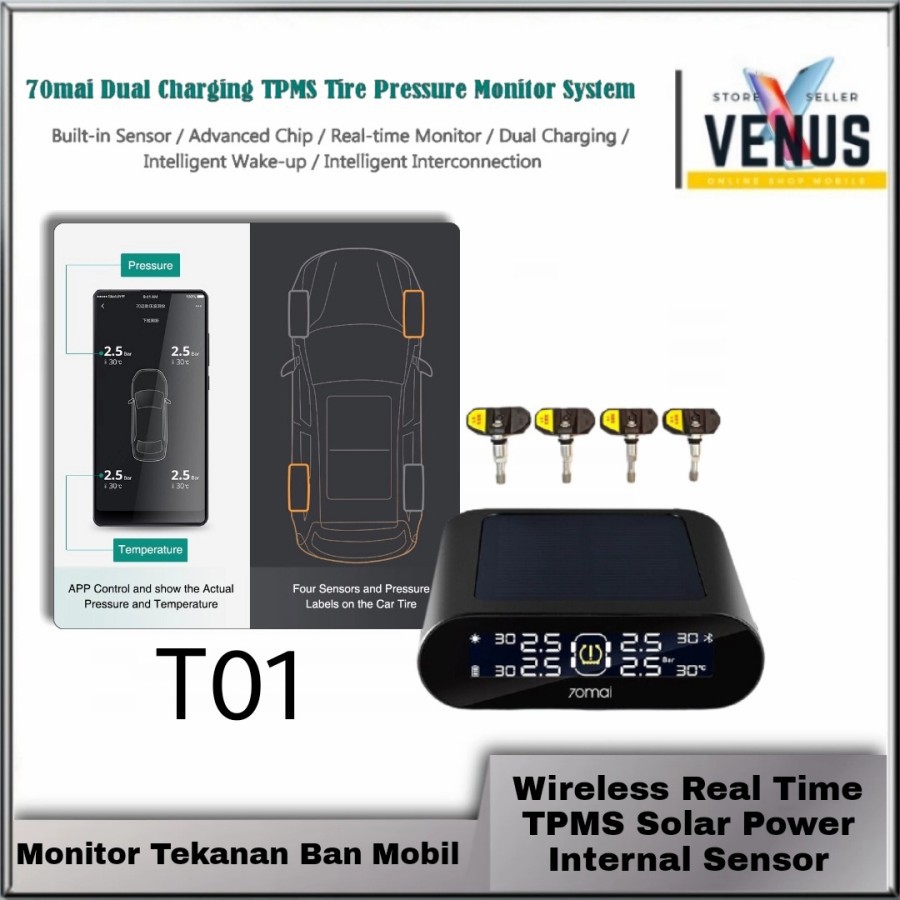 70mai TPMS Pressure Monitor Midrive T01 - Tekanan Ban Mobil Wireless