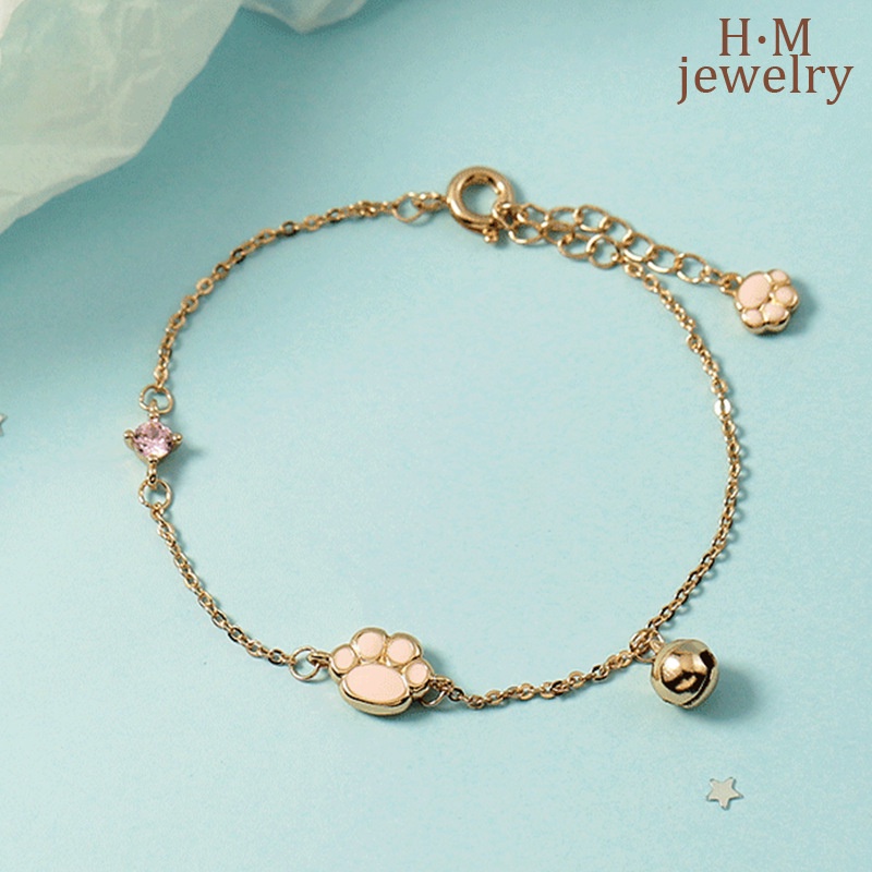 Gelang Tangan Rantai Sterling Silver 925 Aksen Telapak Kaki Kucing + Lonceng Untuk Wanita