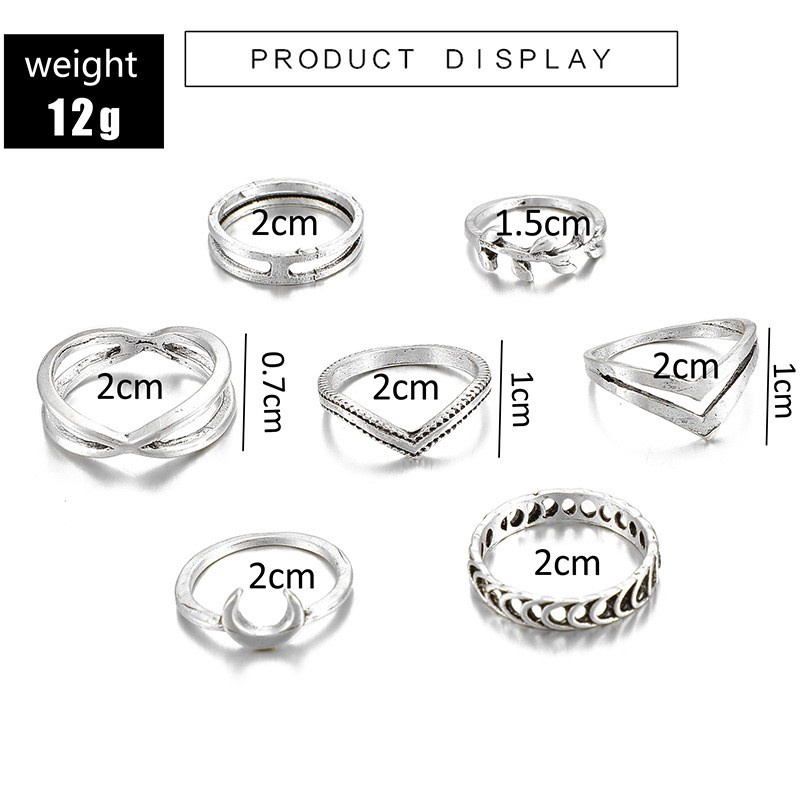 [ACKER] 7Pcs Set Cincin Gabungan Daun Bulan Perak Wanita Korea