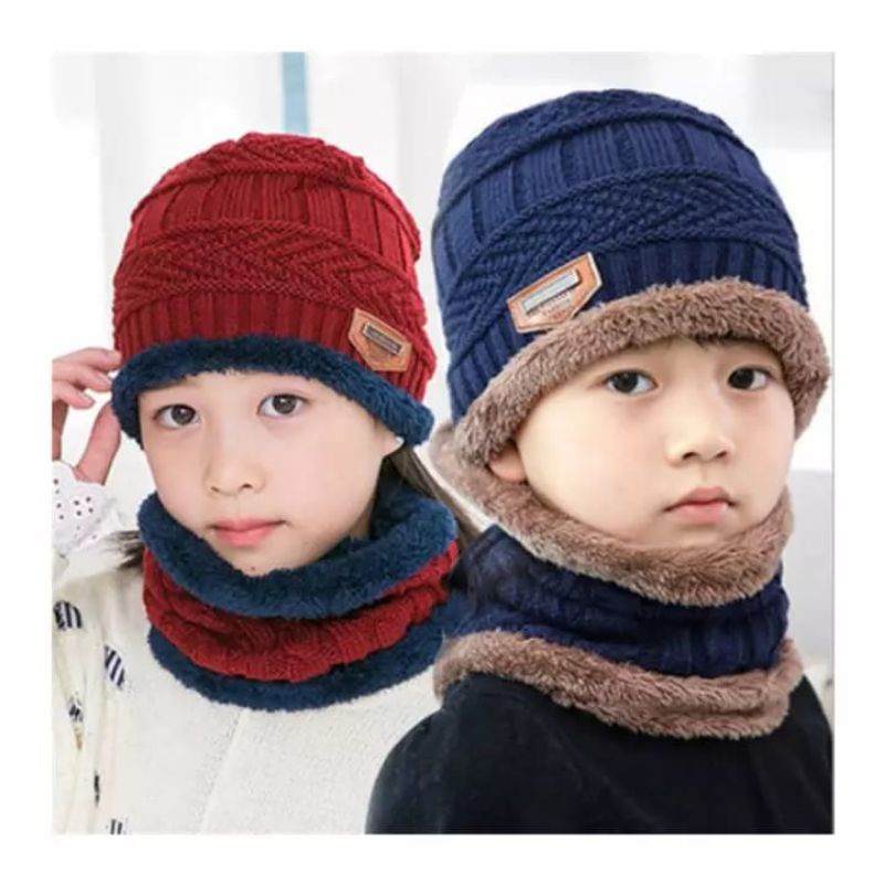 Topi Kupluk Rajut Anak Beanie dan Syal Set / Kupluk Beanie Anak / Topi Kupluk Set Anak