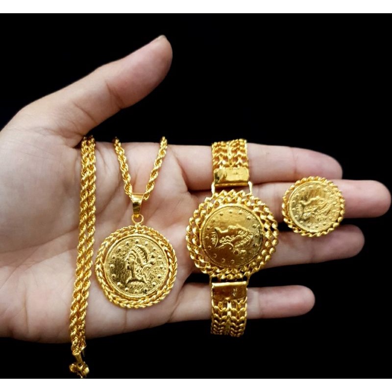 Set Jam Koin Set Perhiasan Wanita Lapis Emas 24k Replika Perhiasan Import Premium