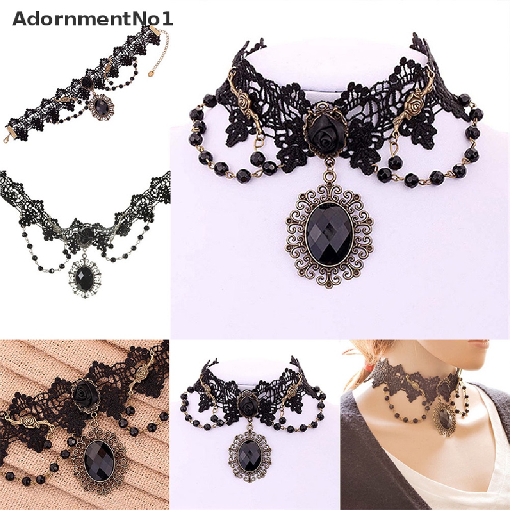 (AdornmentNo1) Kalung Choker Lace Bunga Mawar Hitam Gaya Gothic Untuk Wanita