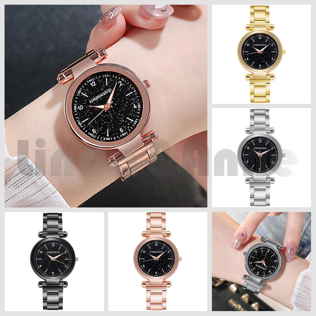 Jam Tangan Wanita Analog Fashion Dengan Strap Stainless Steel Quartz Dial Bulat Import