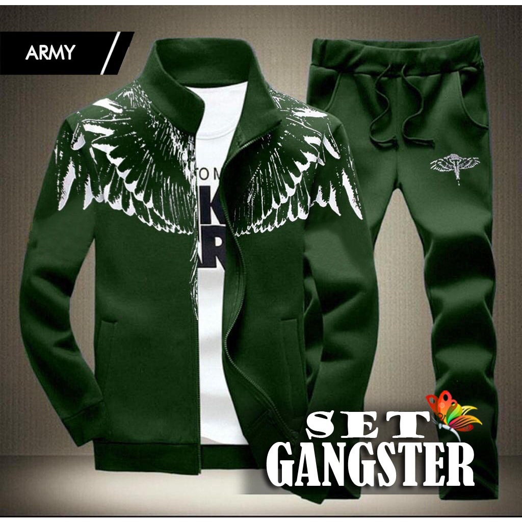 SETELAN TRAINING SET GANGSTER PAKAIAN OLAHRAGA PRIA BABYTERRY TEBAL, SABLON FOIL EMAS, ADA SELETING 