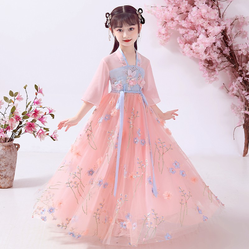 Dress Panjang Anak Perempuan , Gaun Anak Desain Hanfu Gaya China Traditional Lengan Panjang