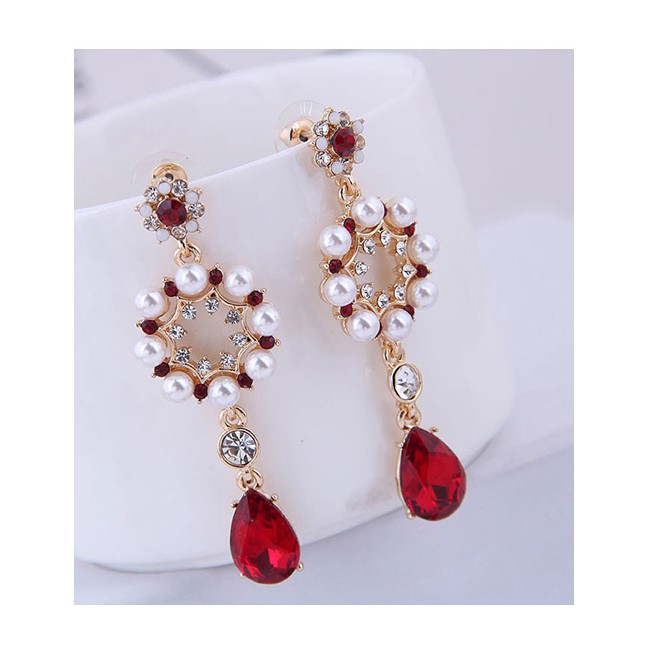 LRC Anting Tusuk Fashion Red Geometric Pearl Flower Drop Earrings With Diamonds A60369