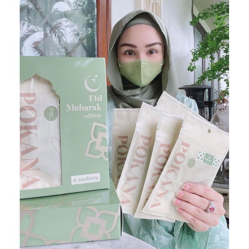 2PC MASKER KN95 WARNA HIJAU LEBARAN IDUL FITRI EID MUBARAK RAMADAN KAREEM EARLOOP 5PLY POKANA SACHET