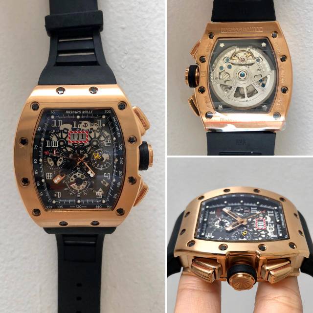 JAM TANGAN PRIA MEREK RM011 ROSE GOLD BLACK RUBBER AUTOMATIC