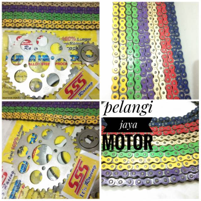 Gear Set Sss Uk 415 tipis Dpn Blk Dan Rante Warna Satu Set Komplit - Motor Satria fu New lama