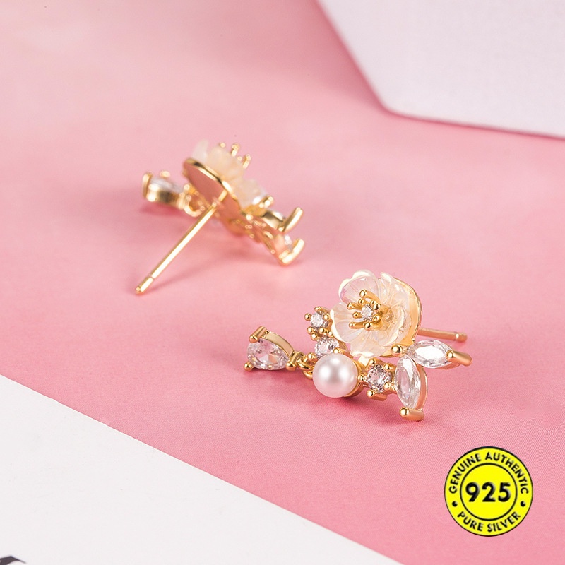 Anting Tusuk Sterling Silver 925 Desain Bunga Hias Mutiara Zircon AAA 18K Untuk Wanita