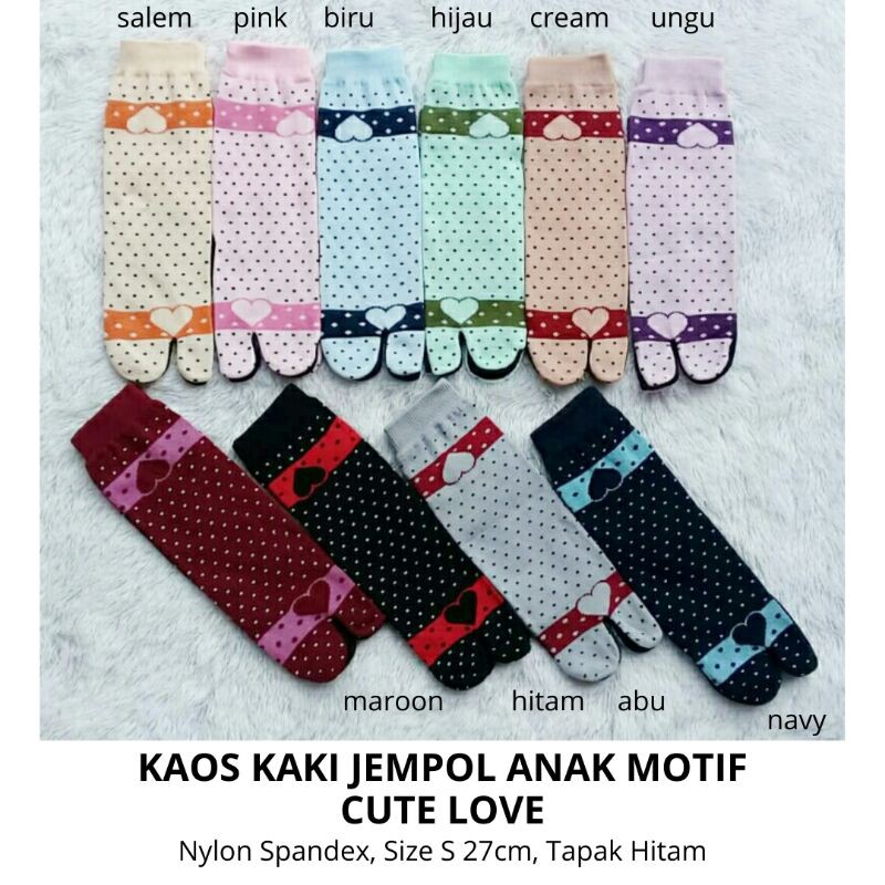 Kaos Kaki Jempol Anak Perempuan Motif Cute Love (Tapak Hitam, Tebal, Nylon Spandex, Usia SD, Murah)