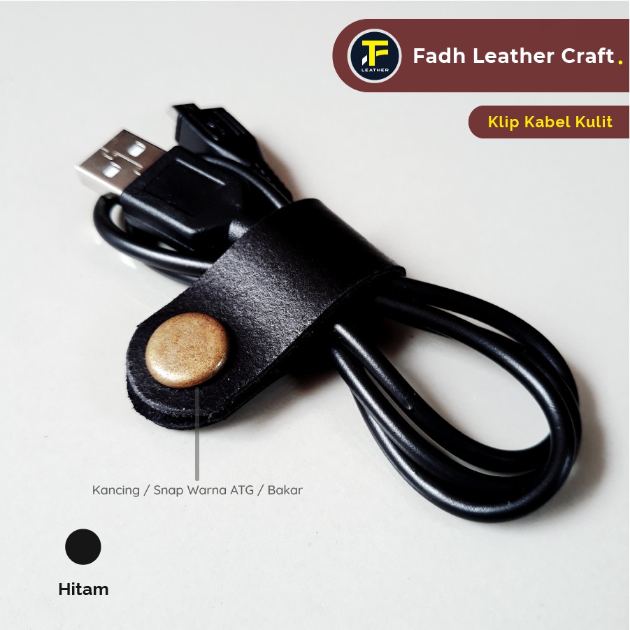 Klip Penjepit Kabel Kulit Sapi Asli - Charger Earphone Kabel Data - Kancing ATG / Bakar - Hitam