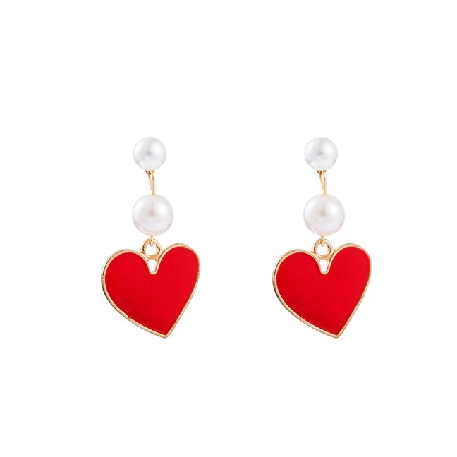 LRC Anting Tusuk Fashion Red Love Artificial pearl Earrings D44790