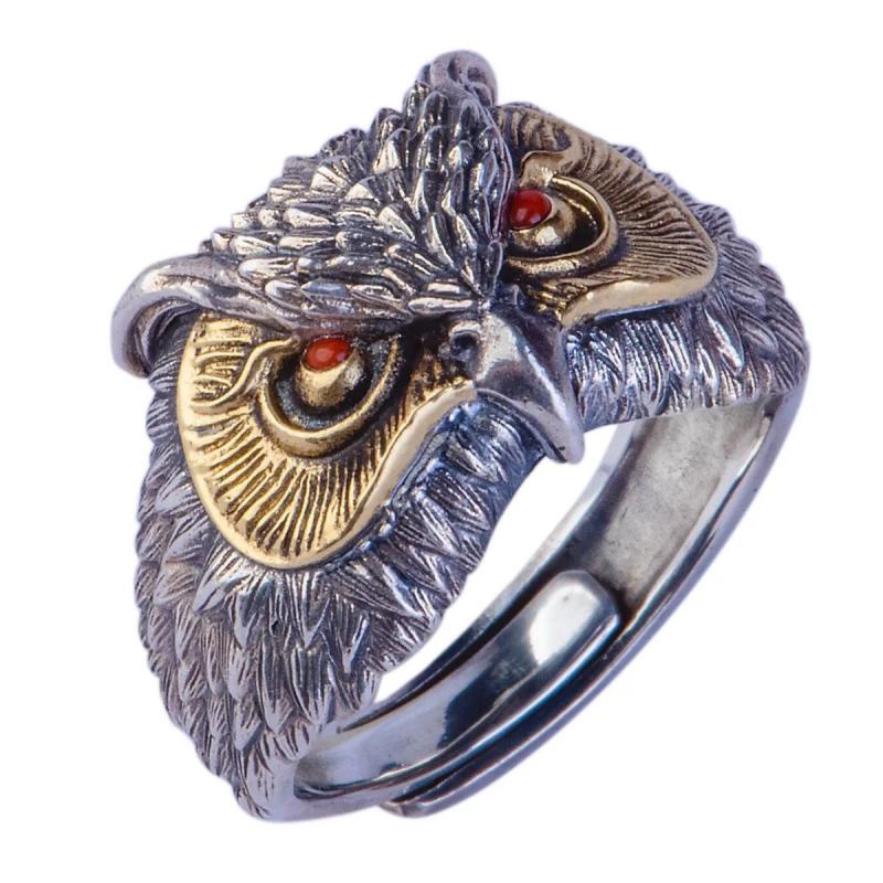 Cincin Model Terbuka Bahan Metal Desain Burung Hantu Gaya Nordic Viking Hip Hop Rock Adjustable Untuk Pria