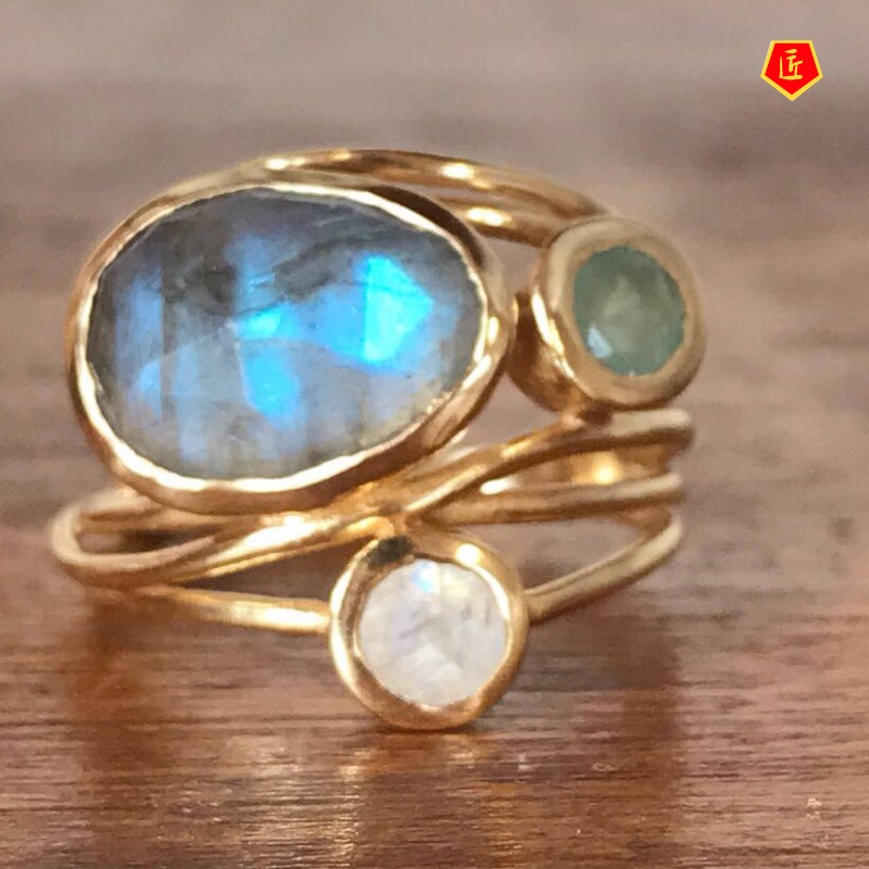 [Ready Stock]Inlaid Moonstone Ring Gold European American Creative Multi Shell Ring