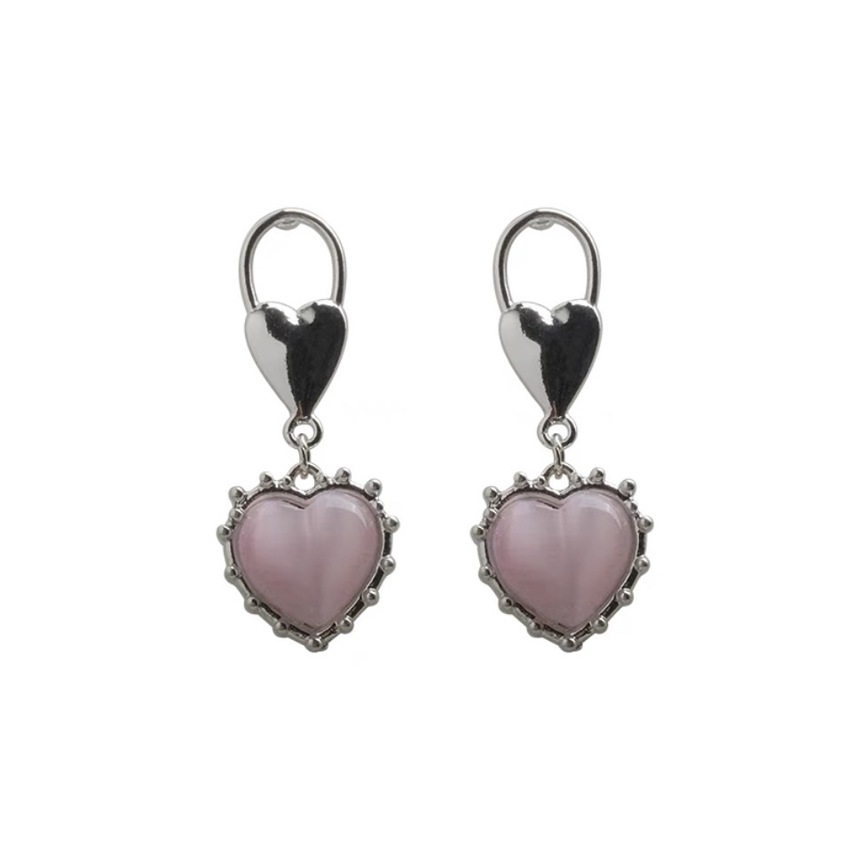 Anting Tusuk Gantung Temperament Desain Hati Hias Opal Pink Gaya Kerensimple Untuk Wanita