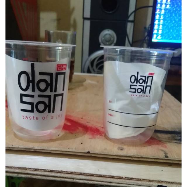 Sablon gelas cup plastik oval 16oz ketebalan 7-8gram sablon 2 warna