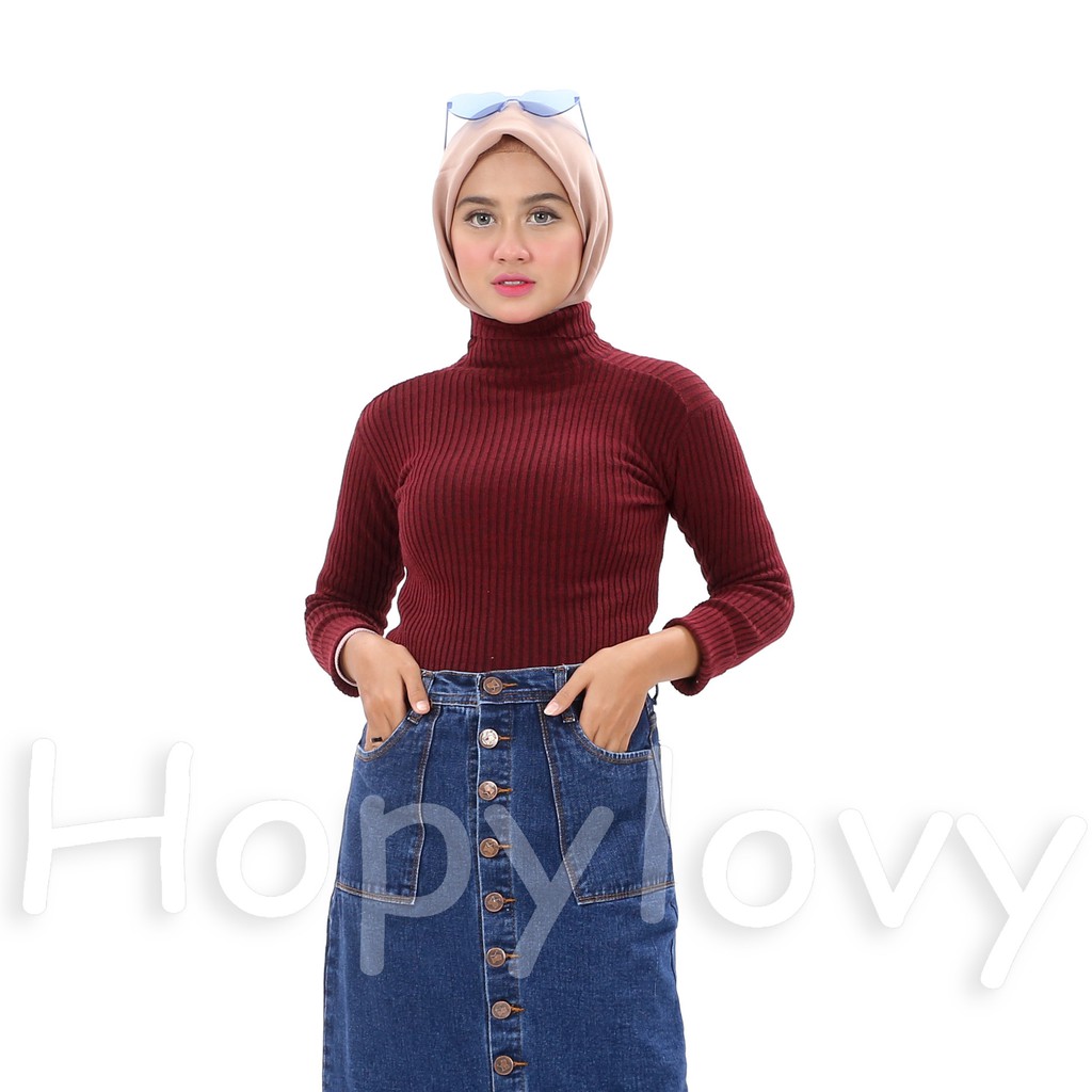 HOPYLOVY - Sweater Rajut Wanita Turtleneck Ribbed Turtle Daisy