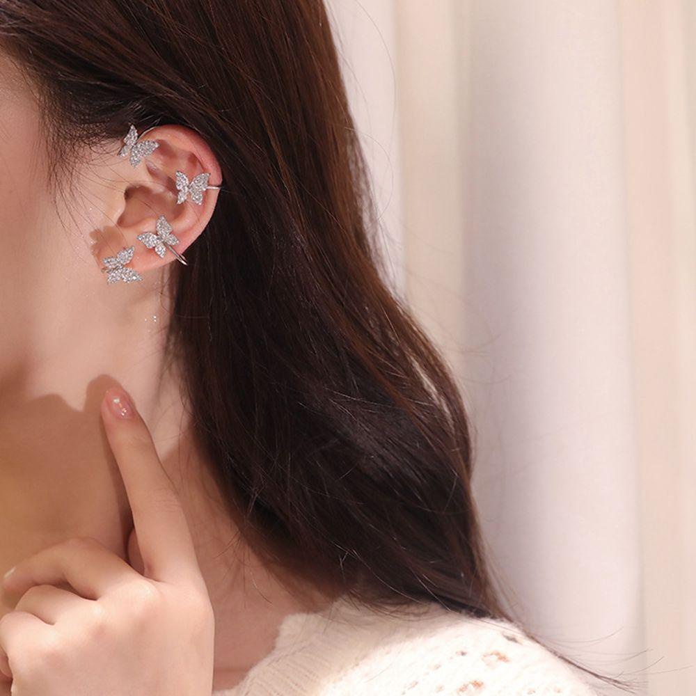 Needway Kupu-Kupu Ear Hook Non Piercing Hadiah Telinga Tulang Klip Logam Zirkon Mengkilap Wanita Anting