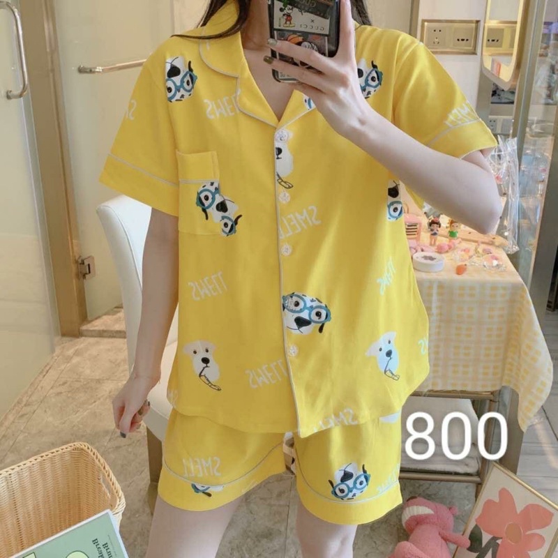 Piyama katun pdk motif dinosaurus kuning.homewear/sleepwear/pajamas katun pdk motif dino yellow